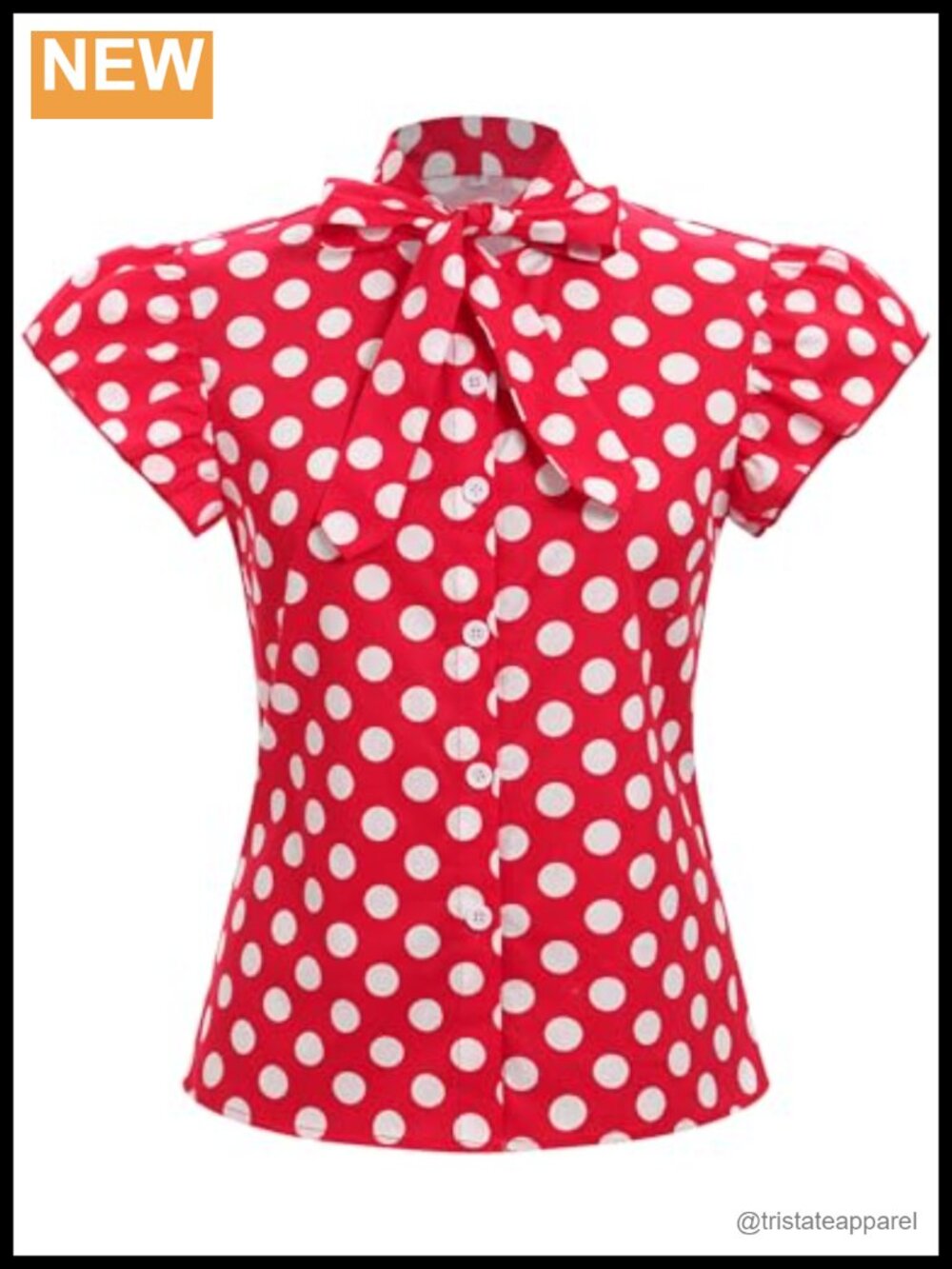 Retro 1950s Polka Dot Peasant Top Flutter Sleeve Bow Tie Neck